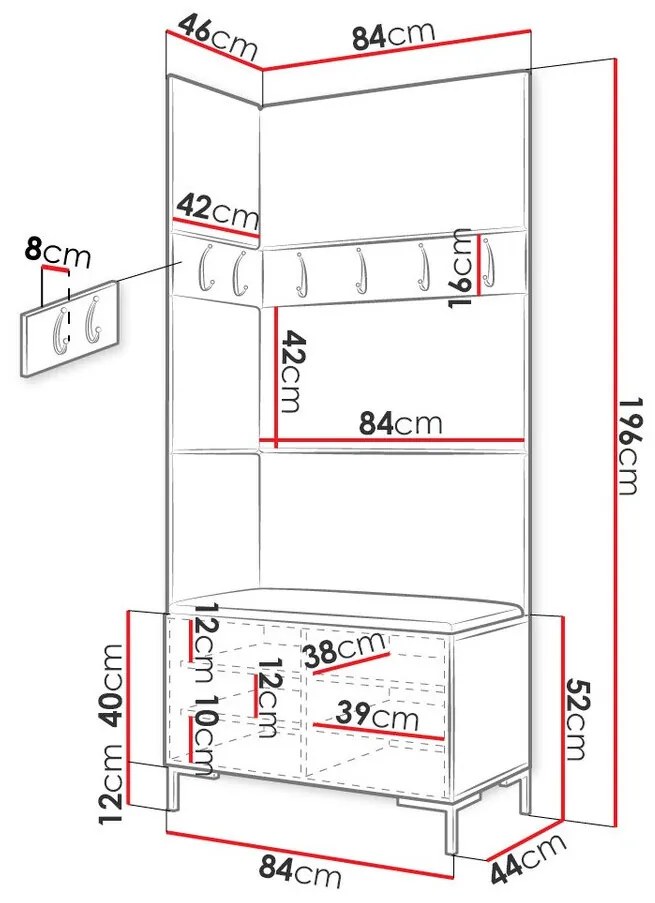 Σετ διαδρόμου Hartford F103, 196x84x46cm, 34 kg, Άσπρο, Ταπισερί, Πλαστικοποιημένη μοριοσανίδα, Εντοιχισμένη, Τοίχου | Epipla1.gr