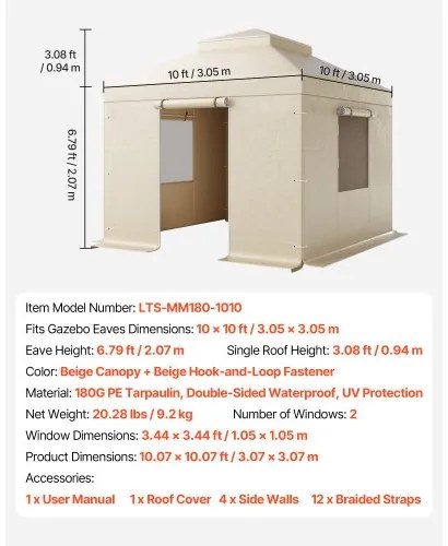 VEVOR Winter Gazebo Cover Fits 3.05 x 3.05 m Hardtop Gazebos, All-Weather Double-Tiered Gazebo Cover with Sidewalls & Windows, High-Density PE Enclosed Storage Shelter Covers, Gazebos not Included