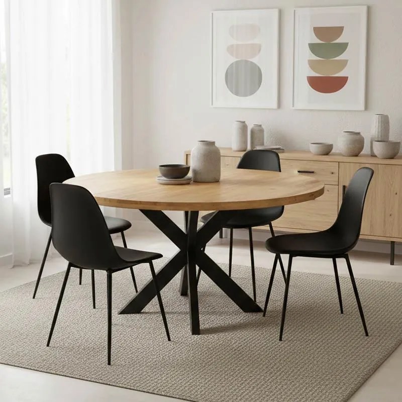 Τραπέζι Royalty I μασίφ ξύλο mango 4εκ σε φυσικό με πόδι μεταλλικό μαύρο Φ130x77εκ. 130x130x77 εκ.