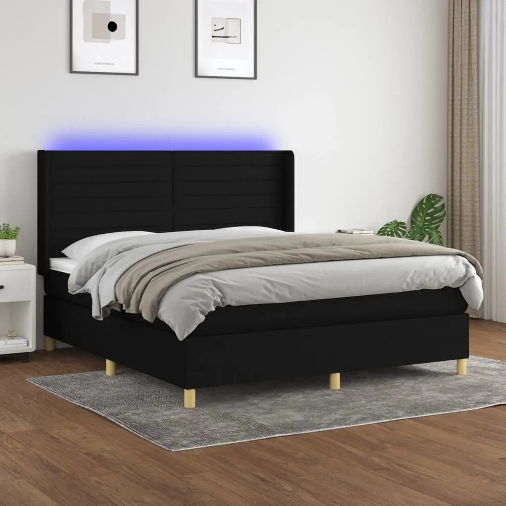 vidaXL Κρεβάτι Boxspring με Στρώμα &amp; LED Μαύρο 160x200 εκ. Υφασμάτινο