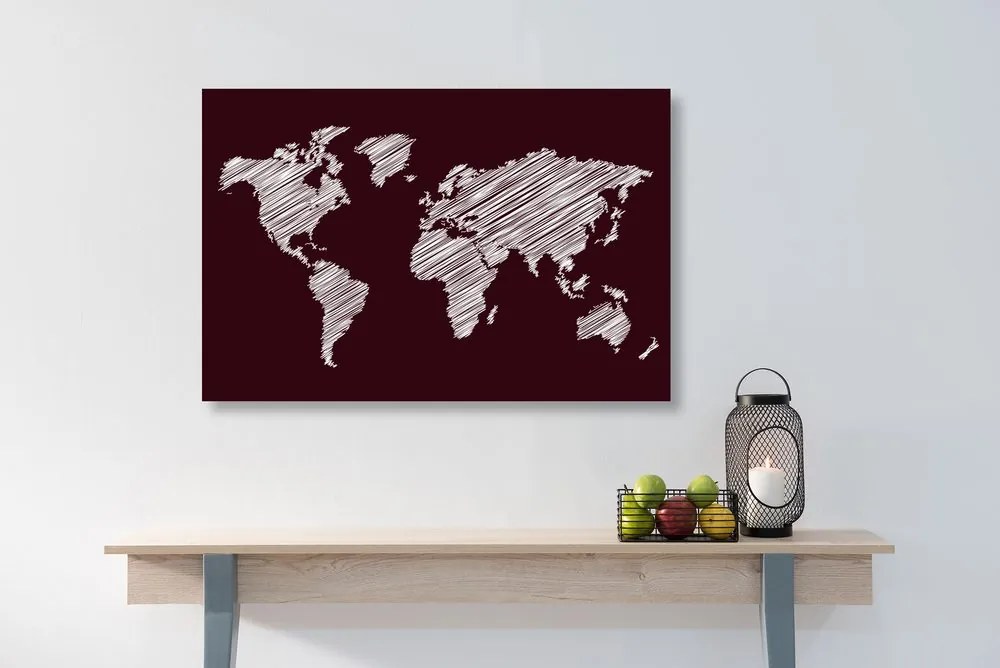 Εικόνα στον παγκόσμιο χάρτη που εκκολάπτεται από φελλό σε μπορντό φόντο - 120x80