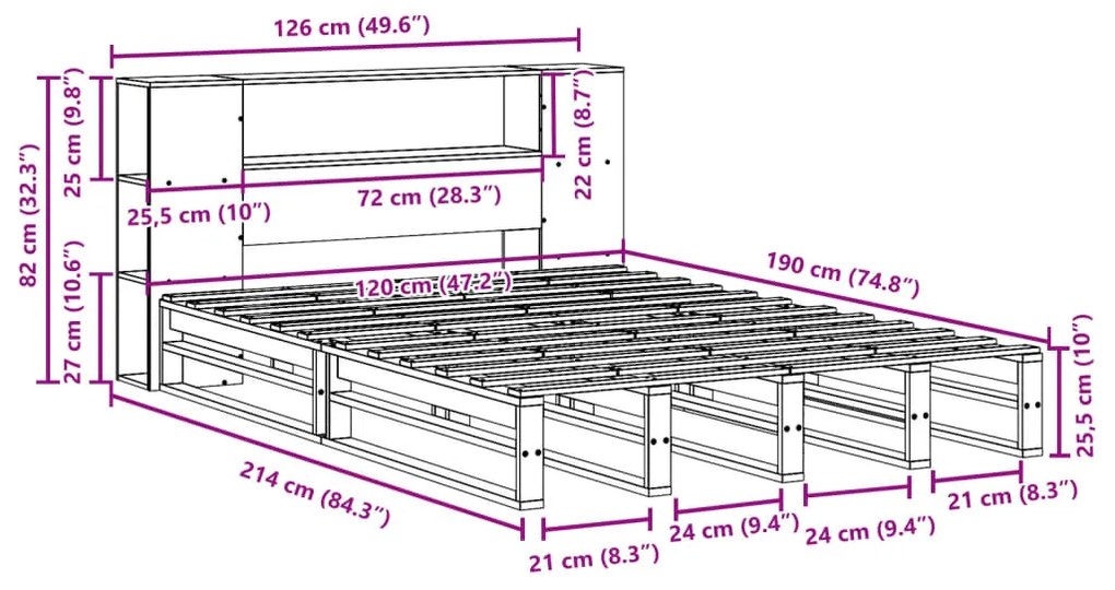 Κρεβάτι Βιβλιοθήκη Χωρίς Στρώμα Καφέ 120x190 εκ Μασίφ Πεύκο - Λευκό