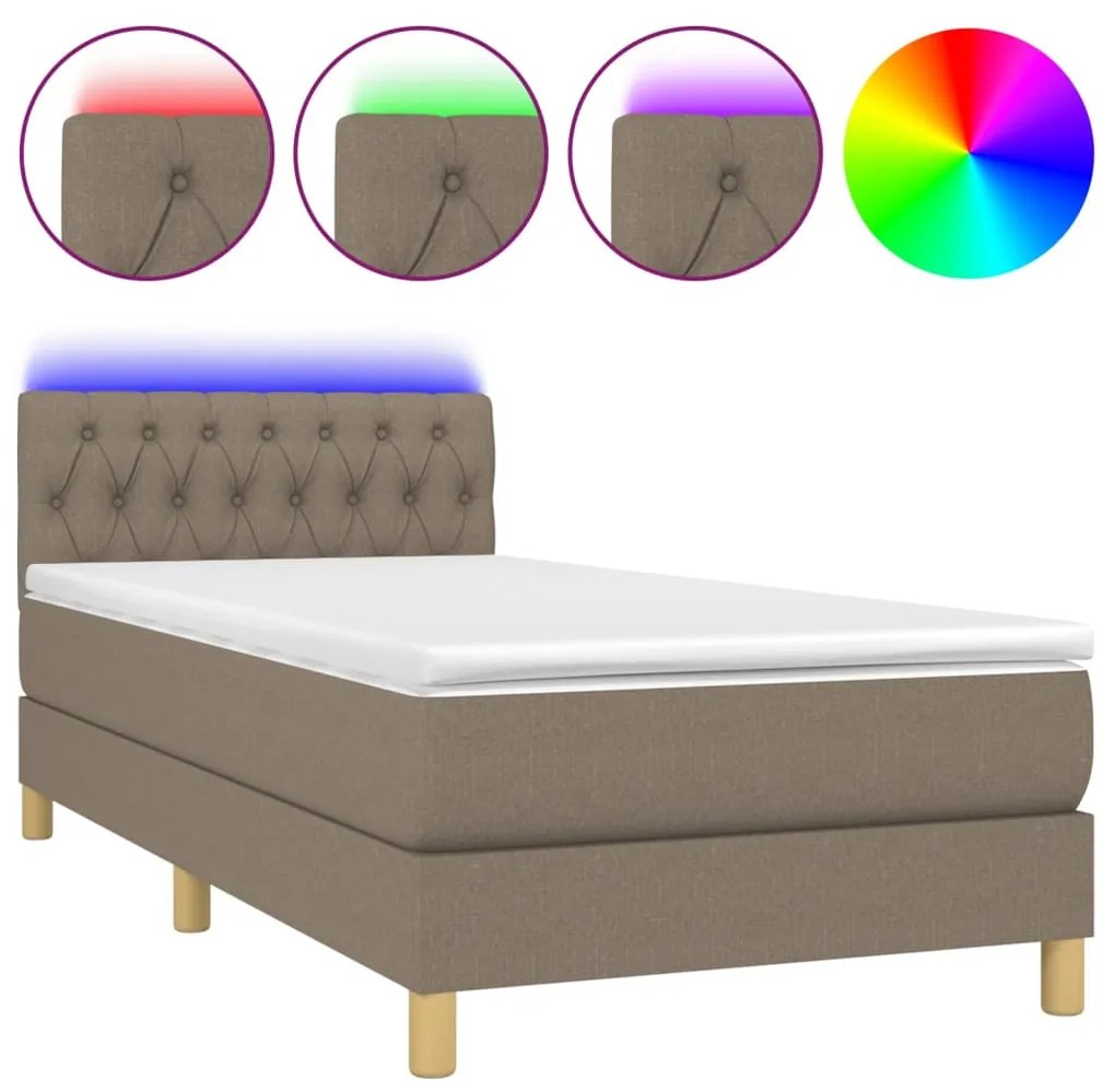 Κρεβάτι Boxspring με Στρώμα &amp; LED Taupe 90x200 εκ. Υφασμάτινο  - Μπεζ-Γκρι