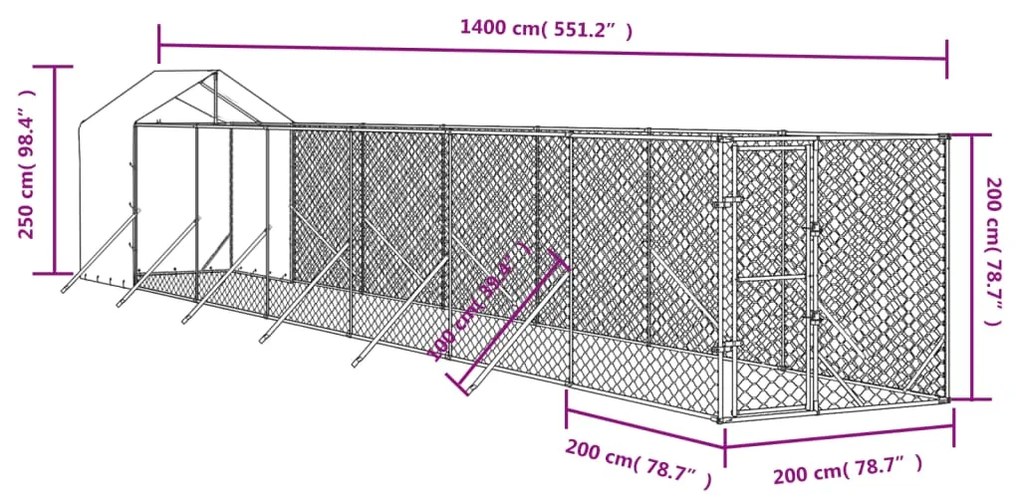 vidaXL Κλουβί Σκύλου Εξ. Χώρου με Οροφή Ασημί 2x14x2,5 μ. Γαλβ. Ατσάλι