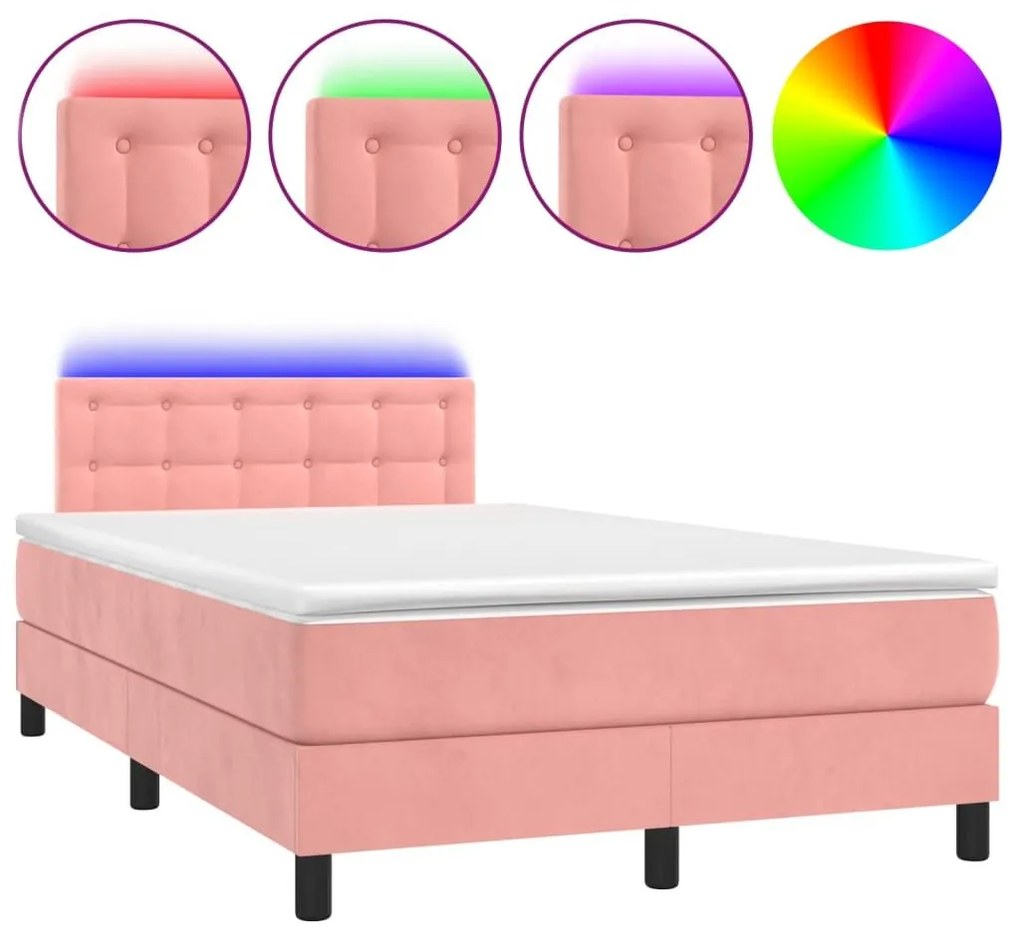 Κρεβάτι Boxspring με Στρώμα &amp; LED Ροζ 120x200 εκ. Βελούδινο - Ροζ