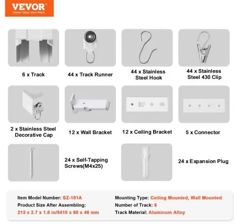 VEVOR Ceiling Curtain Track Set 17.7 FT/5.4 Meter Room Divider with Hooks White