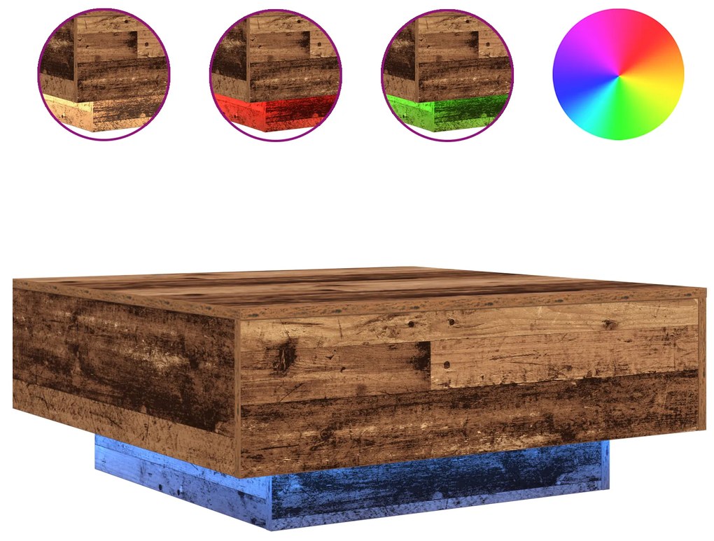 vidaXL Τραπεζάκι καφέ με LED φώτα παλιού ξύλου 80x80x31 εκ.