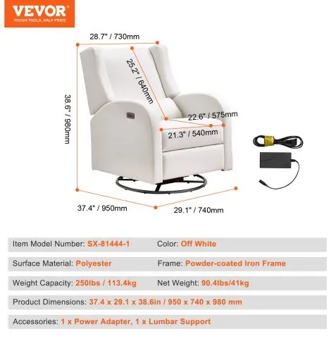 VEVOR Electronic Power Recliner and Swivel Glider, 250 lbs Weight Capacity Swivel Glider Recliner Chair with Adjustable Angle, Polyester Surface Recliner Rocker for Living Room, Bedroom, Off White