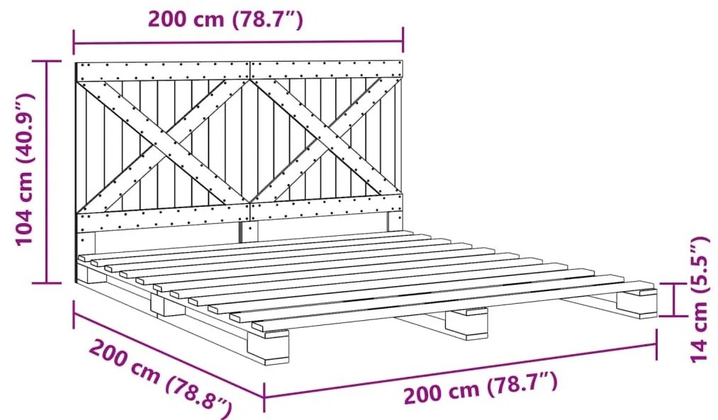 Πλαίσιο Κρεβατιού με Κεφαλάρι Γκρι 200x200 εκ. Μασίφ Πεύκο - Γκρι