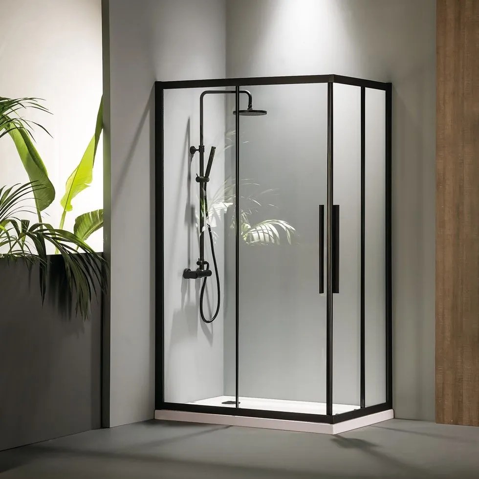 DEVON Flow Corner Entry Καμπίνα Τετράγωνη γωνιακής εισόδου με 2 σταθερά &amp; 2 συρόμενα φύλλα BLACK MATT 107-109 Υ195εκ