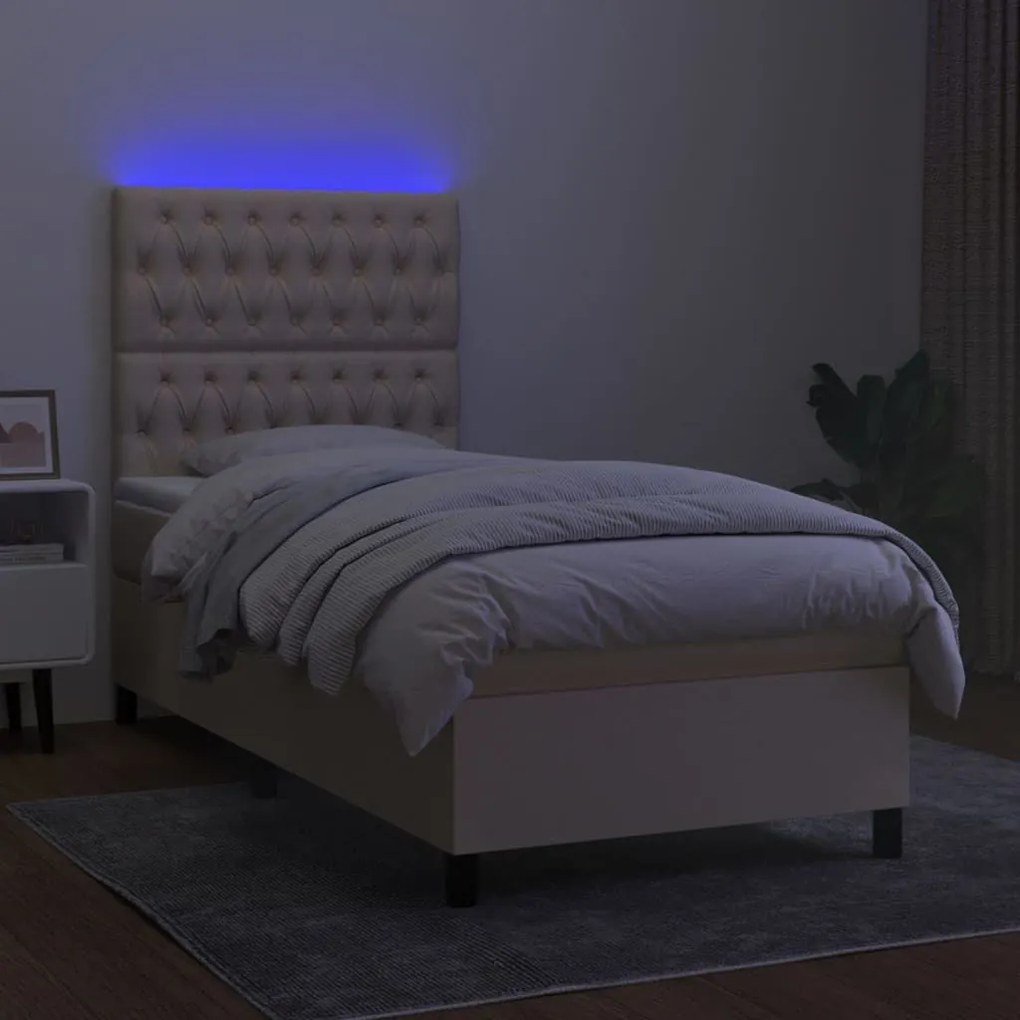 Κρεβάτι Boxspring με Στρώμα &amp; LED Κρεμ 90x190 εκ. Υφασμάτινο - Κρεμ