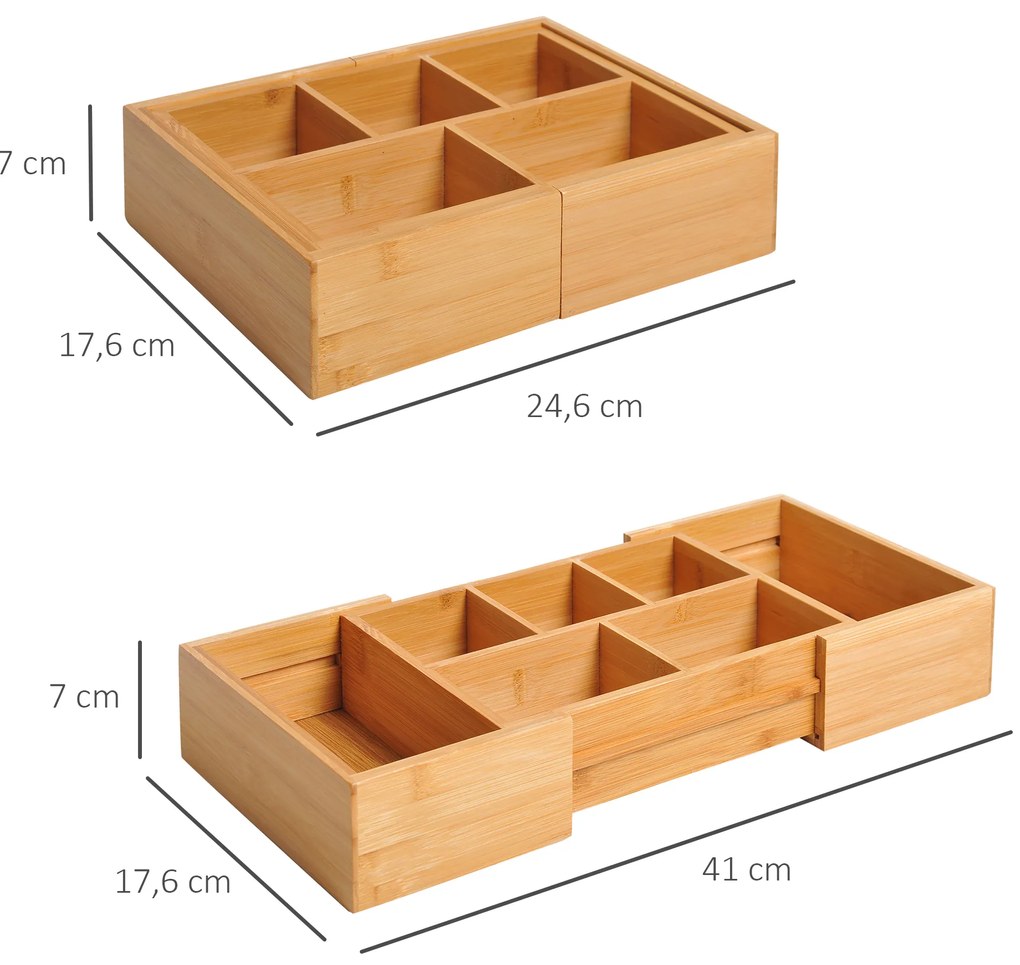 HOMCOM Κουτί αποθήκευσης, οργάνωση συρταριών, επεκτάσιμο, μπαμπού, φυσικό, 24,6 x 17,6 x 7 cm