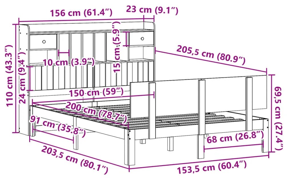 Κρεβάτι Βιβλιοθήκη Χωρίς Στρώμα 150x200 εκ Μασίφ Ξύλο Πεύκου - Λευκό