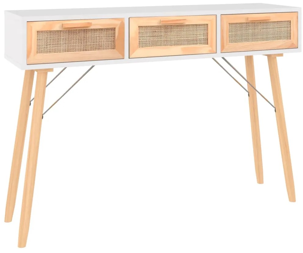 vidaXL Τραπέζι Κονσόλα Λευκό 105x30x75 εκ. Μασίφ Πεύκο &amp; Φυσικό Ρατάν