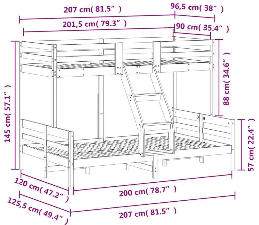 Κουκέτα 90x200/120x200 εκ. από Μασίφ Ξύλο Πεύκου - Καφέ