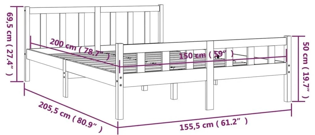 Πλαίσιο Κρεβατιού Μαύρο 150 x 200 εκ. Μασίφ Ξύλο King Size - Μαύρο