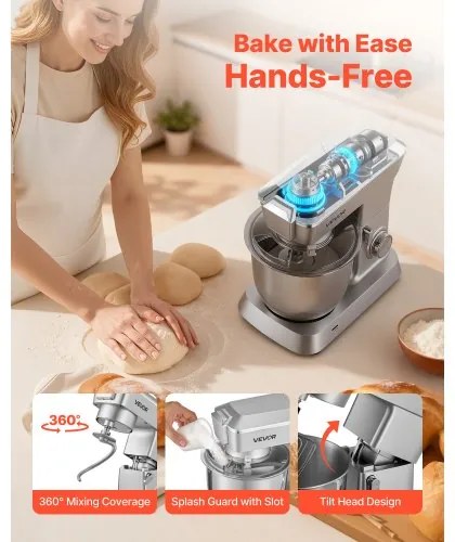 VEVOR Stand Mixer, 4.3 L Electric Kitchen Mixer, 1300W Dough-Mixer, 6+P Speeds Tilt-head Food-Mixer with 1.5 L Blender Cup, Stainless Steel Bowl, Dough Hook, Whisk, Beater, for Baking, Mixing, Silver