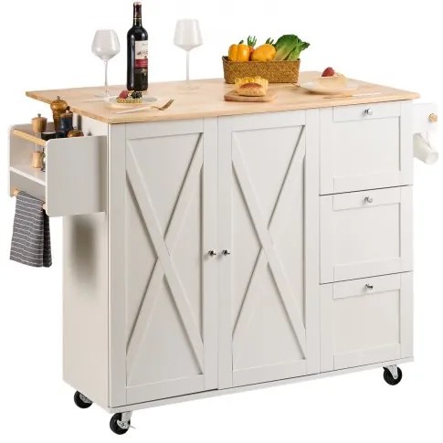 VEVOR Kitchen Island Cart with Solid Wood Top, 45.3&quot; Width Mobile Carts with Storage Cabinet, Rolling Kitchen Table with Spice Rack, Towel Rack, Drop Leaf and Drawer, Portable Islands on Wheels, White