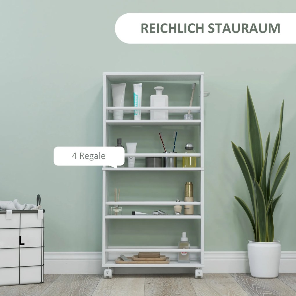 HOMCOM Πολυλειτουργικό ράφι με ροδάκια, στενό σχεδιασμό, 4 ράφια, 45x15x91 cm, Λευκό