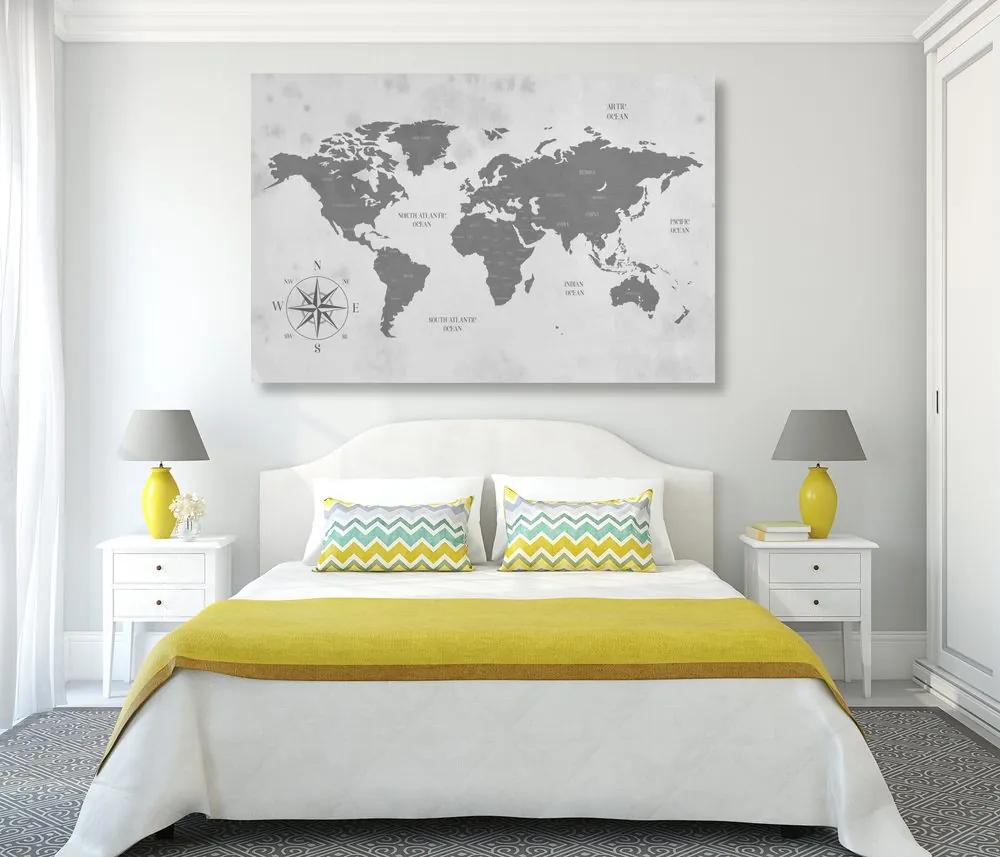 Εικόνα στο φελλό ενός αξιοπρεπούς παγκόσμιου χάρτη σε ασπρόμαυρο - 90x60  color mix