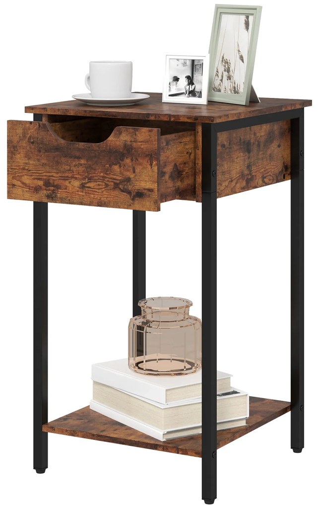 HOMCOM Κομοδίνο σε βιομηχανικό στυλ, συρτάρι, ράφι αποθήκευσης, μεταλλικό πλαίσιο, ξύλο, 40 x 40 x 68 cm, καφέ