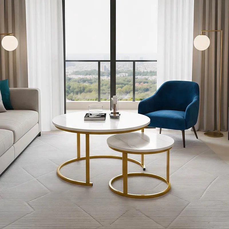 Τραπεζάκι Σαλονιού Revelon σετ 2 τεμ MDF σε όψη Λευκού Μαρμάρου - Χρυσό 80x80x45εκ. 80x80x45 εκ.