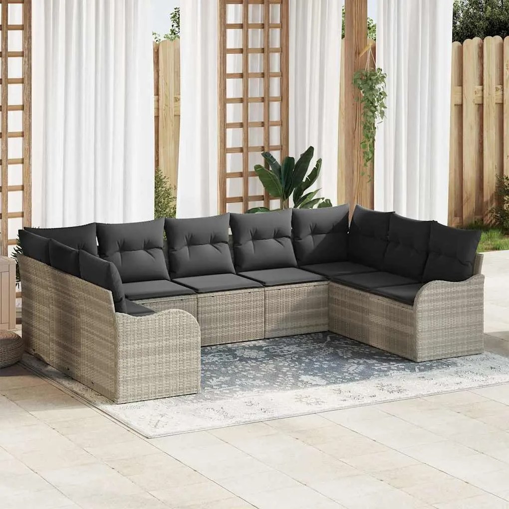vidaXL Σετ Καναπέ Κήπου με μαξιλάρι 9 pcs Ανοιχτό γκρι Πολυ ράταν