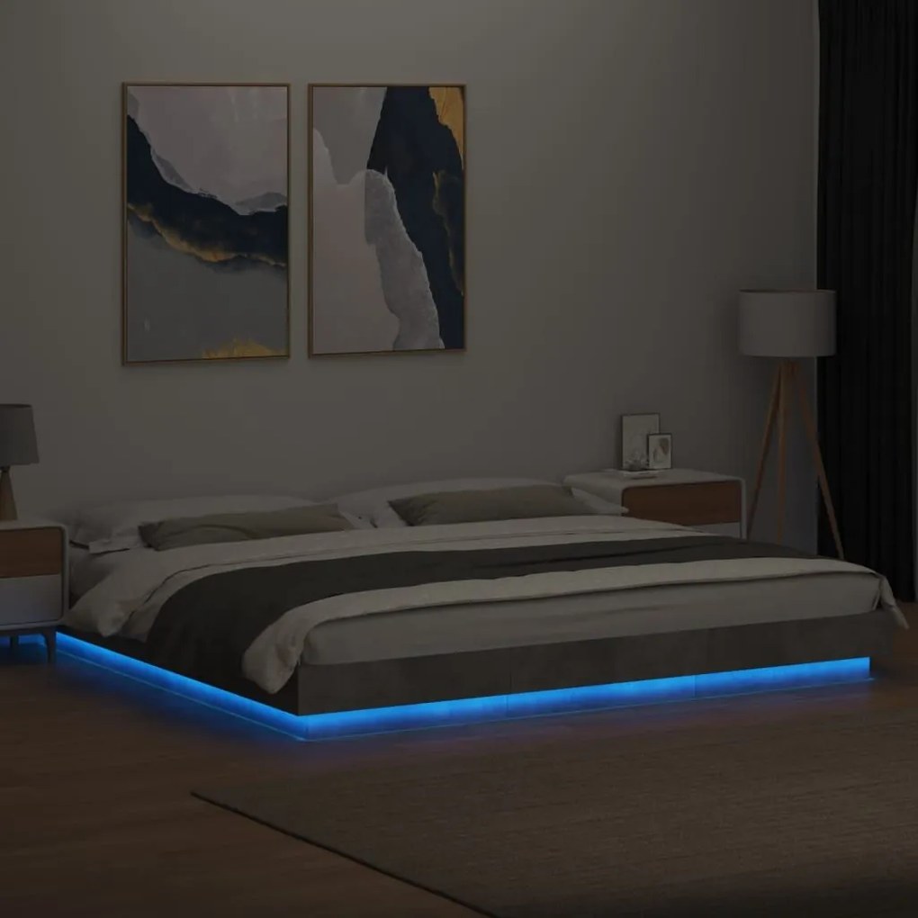 Πλαίσιο Κρεβατιού με Φώτα LED Γκρι Σκυρ. 200x200 εκ. Επεξ. Ξύλο - Γκρι
