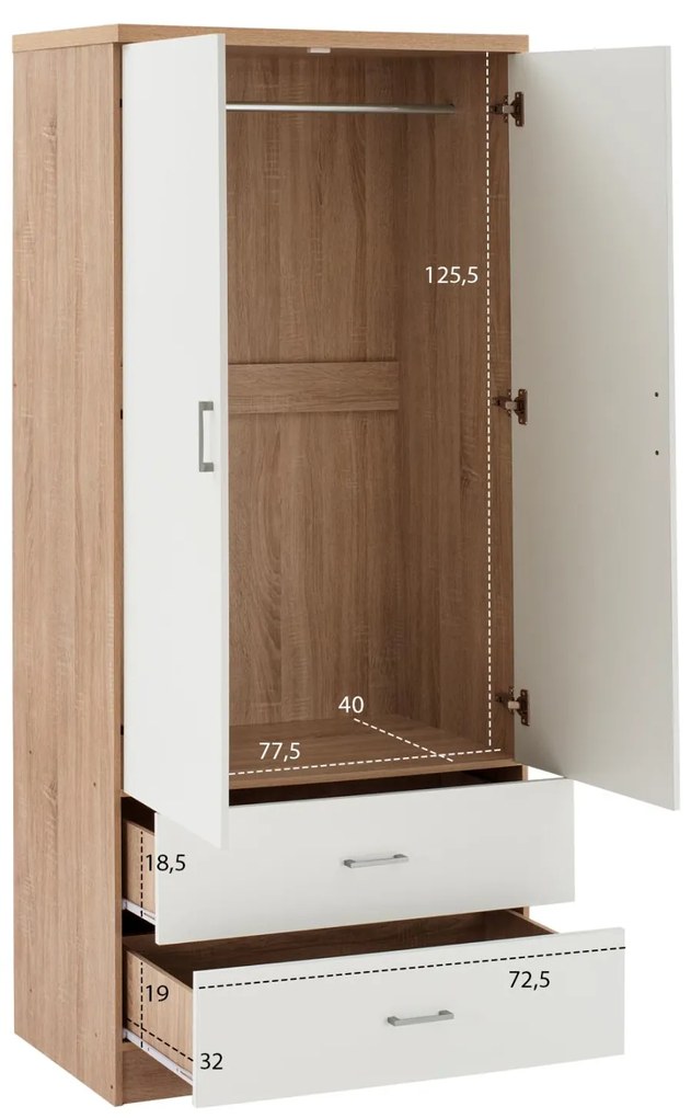 Ντουλάπα REINA Δίφυλλη με 2 Συρτάρια Sonama - Λευκή 80x42.5x180.5 εκ. 80x42.5x180.5 εκ.