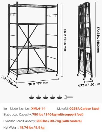 VEVOR Folding Storage Shelf with Wheels 4-Tier No Assembly Organizer Shelf Black