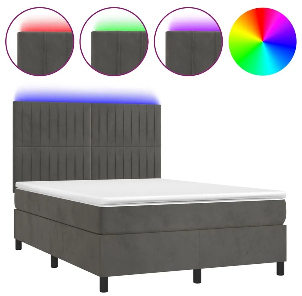 vidaXL Κρεβάτι Boxspring με Στρώμα & LED Σκ. Γκρι 140x200εκ. Βελούδινο