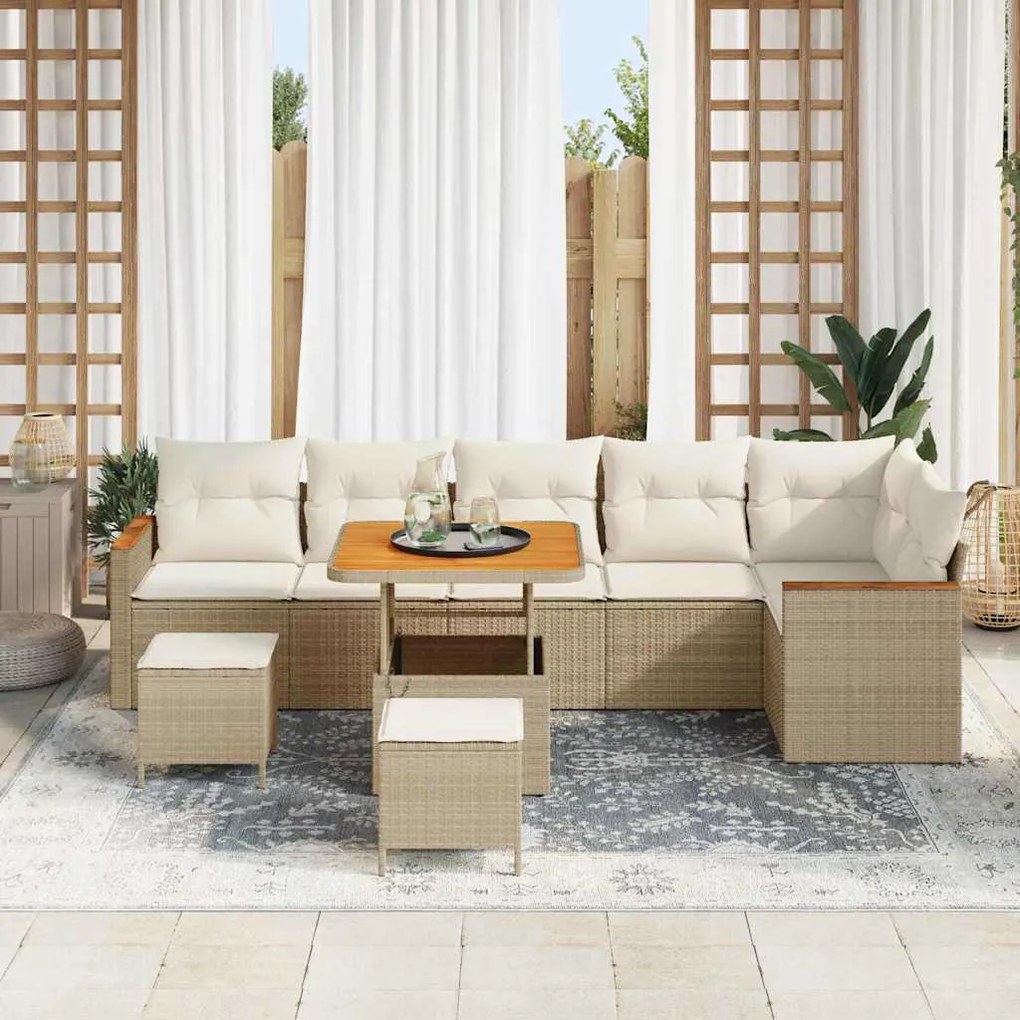 vidaXL Σετ Καναπέ Κήπου με μαξιλάρι 9 pcs Μπεζ Πολυ ράταν