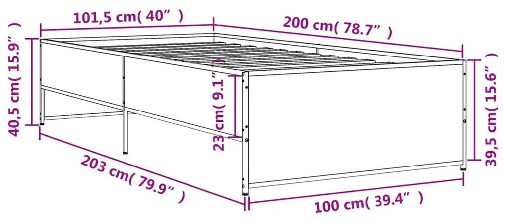 Πλαίσιο Κρεβατιού Καπνιστή Δρυς 100x200εκ. Επεξ. Ξύλο &amp; Μέταλλο - Καφέ