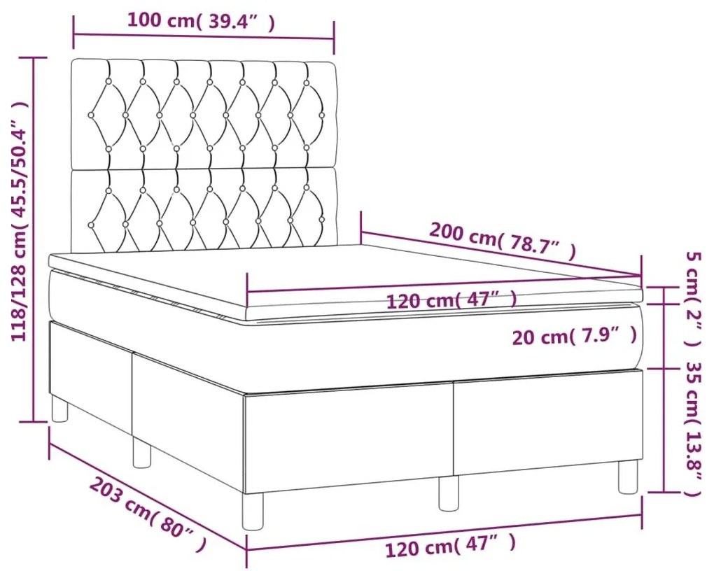 Κρεβάτι Boxspring με Στρώμα &amp; LED Αν.Γκρι 120x200 εκ. Βελούδινο - Γκρι