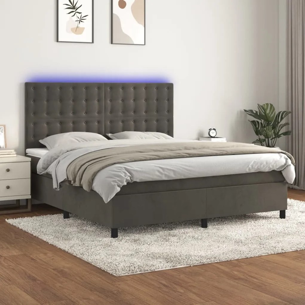 Κρεβάτι Boxspring με Στρώμα & LED Σκ. Γκρι 180x200εκ. Βελούδινο