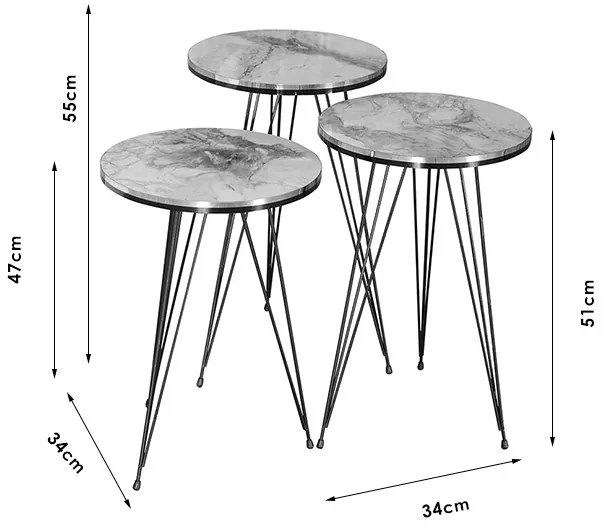 Βοηθητικά τραπέζια Sebastian pakoworld σετ 3τεμ μαύρο μάρμαρου-χρυσό - 120-000345