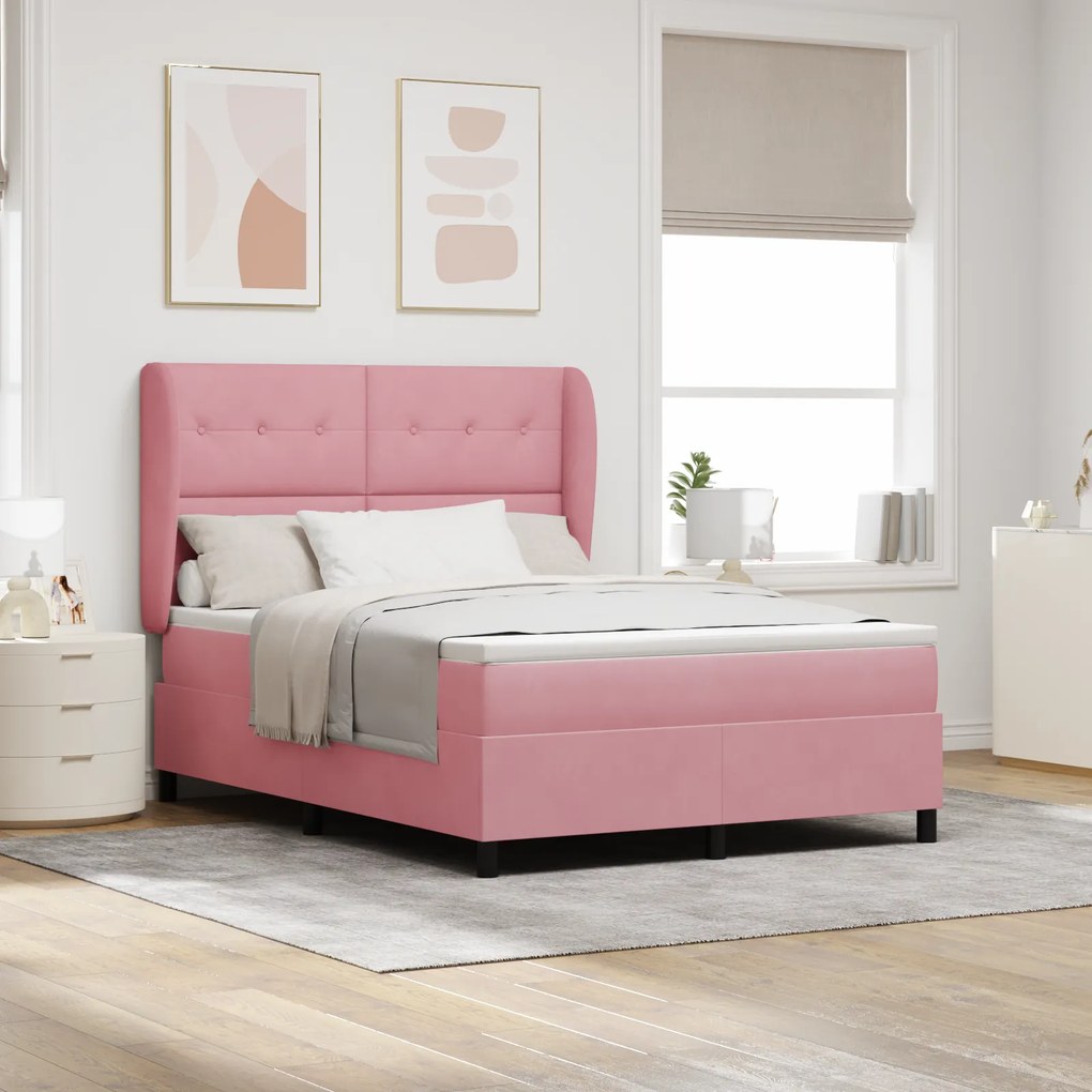vidaXL Κρεβάτι Box Spring με Στρώμα Ροζ 140x200 εκ Βελούδο