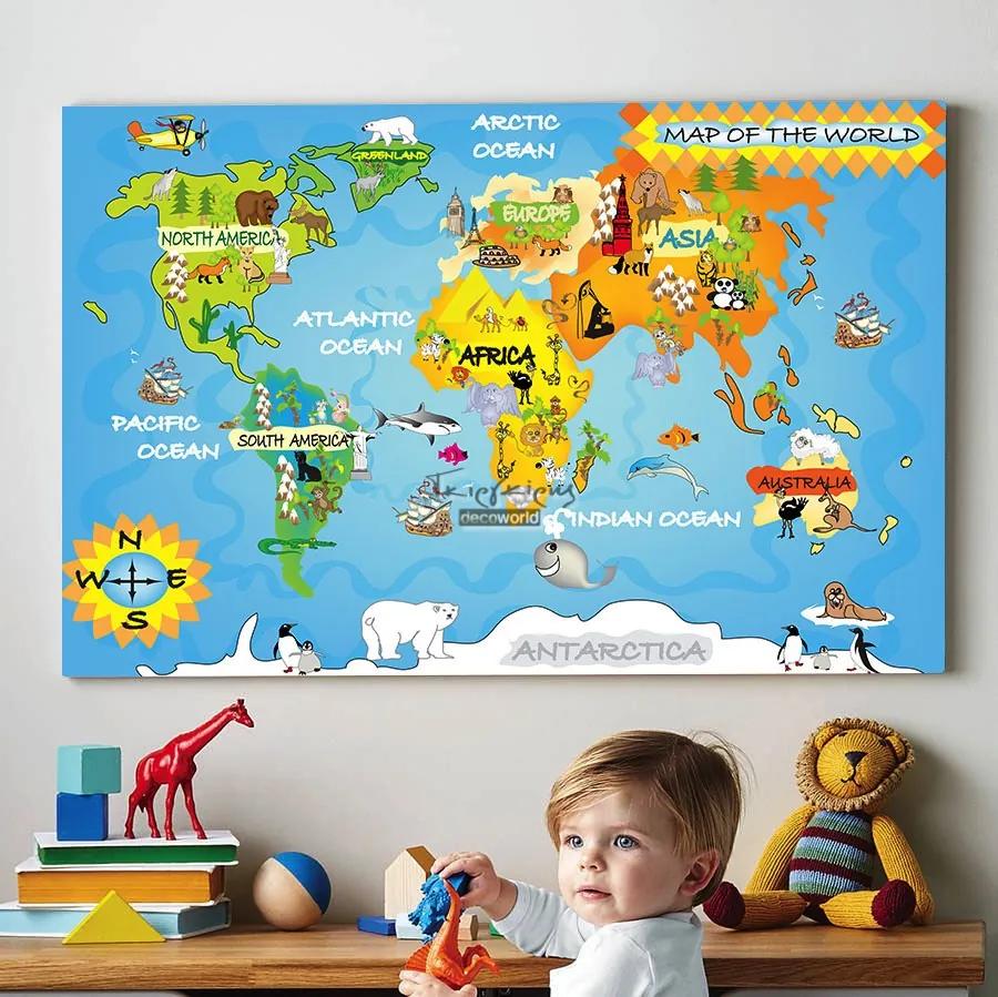 Παιδικός καμβάς σε πίνακα χάρτης με ζώα KNV080 80cm x 120cm