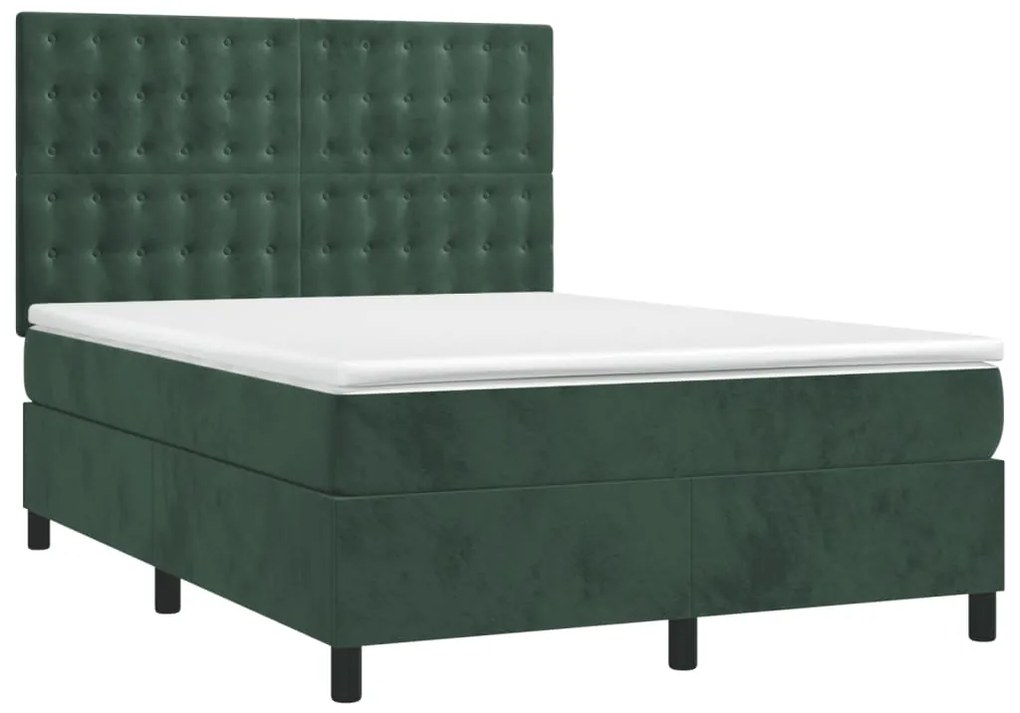 vidaXL Κρεβάτι Boxspring με Στρώμα Σκούρο Πράσινο 140x190εκ. Βελούδινο