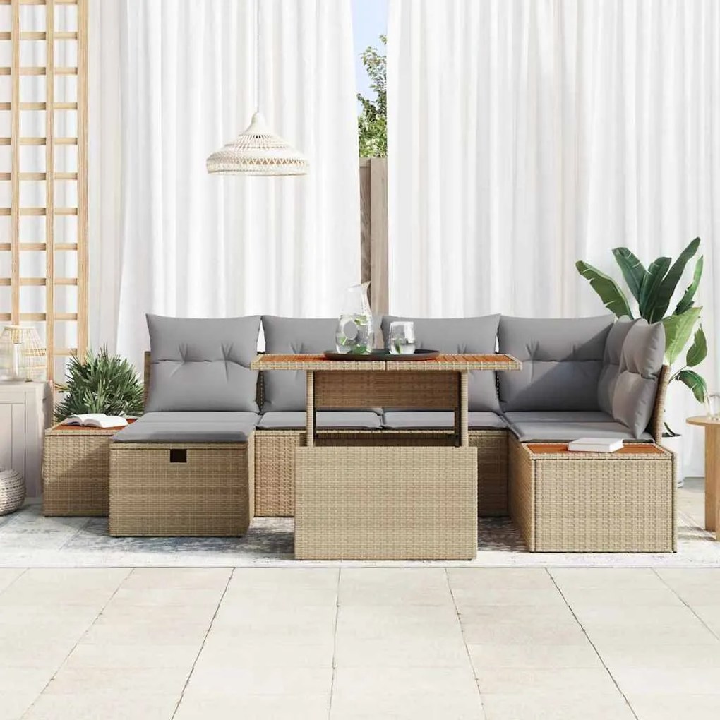 vidaXL Σετ Καναπέ Κήπου Ρυθμιζόμενο ύψος 7 pcs Μπεζ συνθετικό ρατάν
