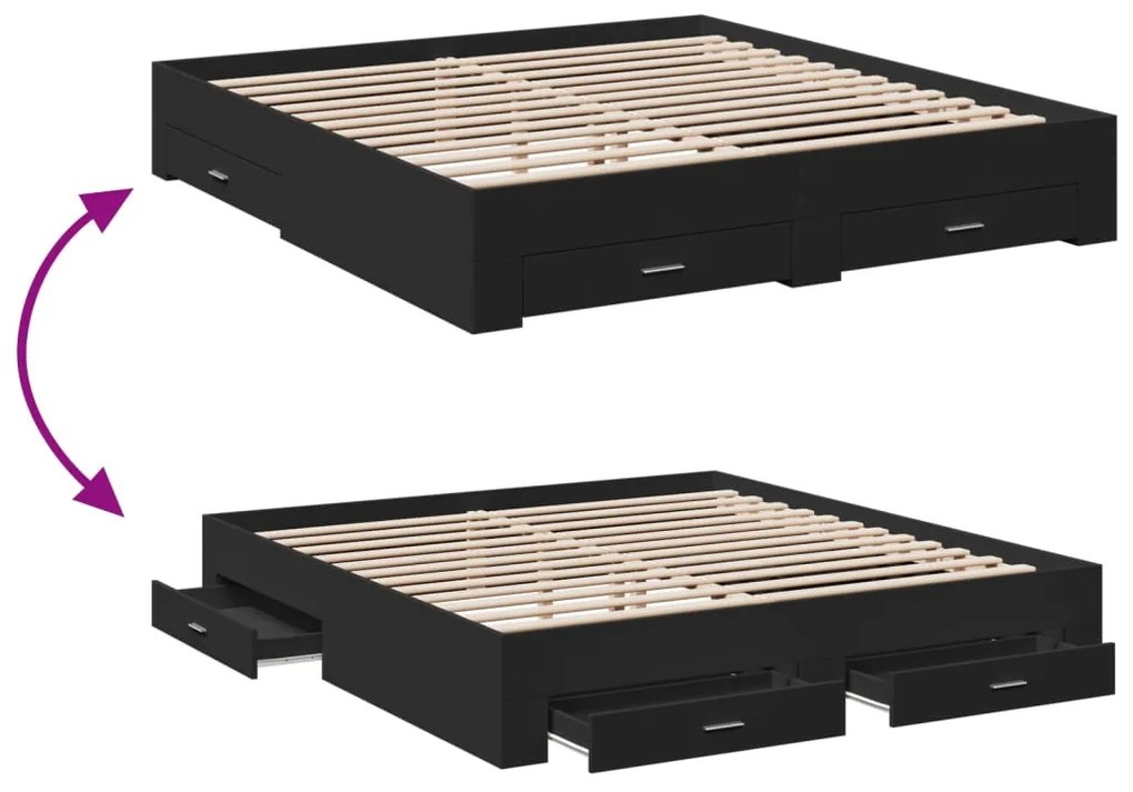 vidaXL Πλαίσιο Κρεβατιού με Συρτάρια Μαύρο 200x200 εκ Επεξεργ. Ξύλο
