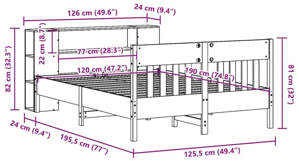 Κρεβάτι Βιβλιοθήκη Χωρίς Στρώμα 120x190 εκ Μασίφ Ξύλο Πεύκου - Καφέ