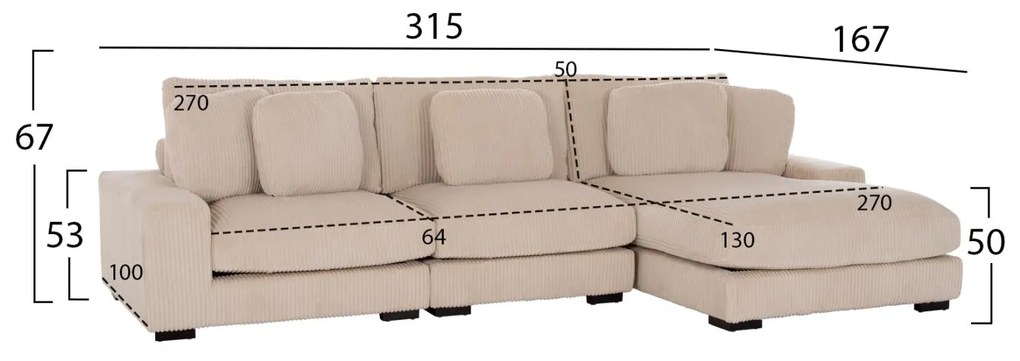 Γωνιακός Καναπές CRANFIELD Δεξιά γωνία Μπέζ Ριγέ ύφασμα 313x169x80Υεκ. 313x169x80 εκ.