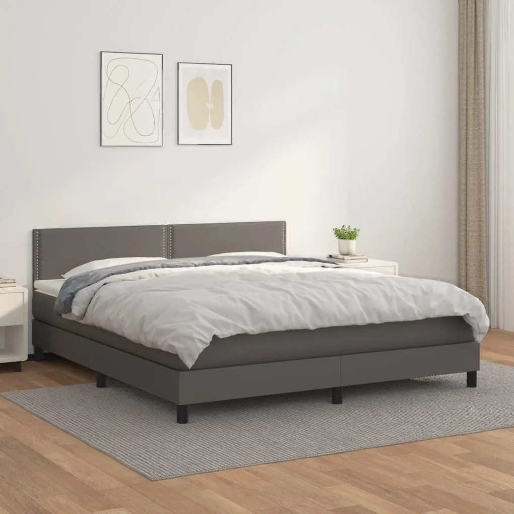 Κρεβάτι Boxspring με Στρώμα Γκρι 180x200 εκ. Συνθετικό Δέρμα - Γκρι