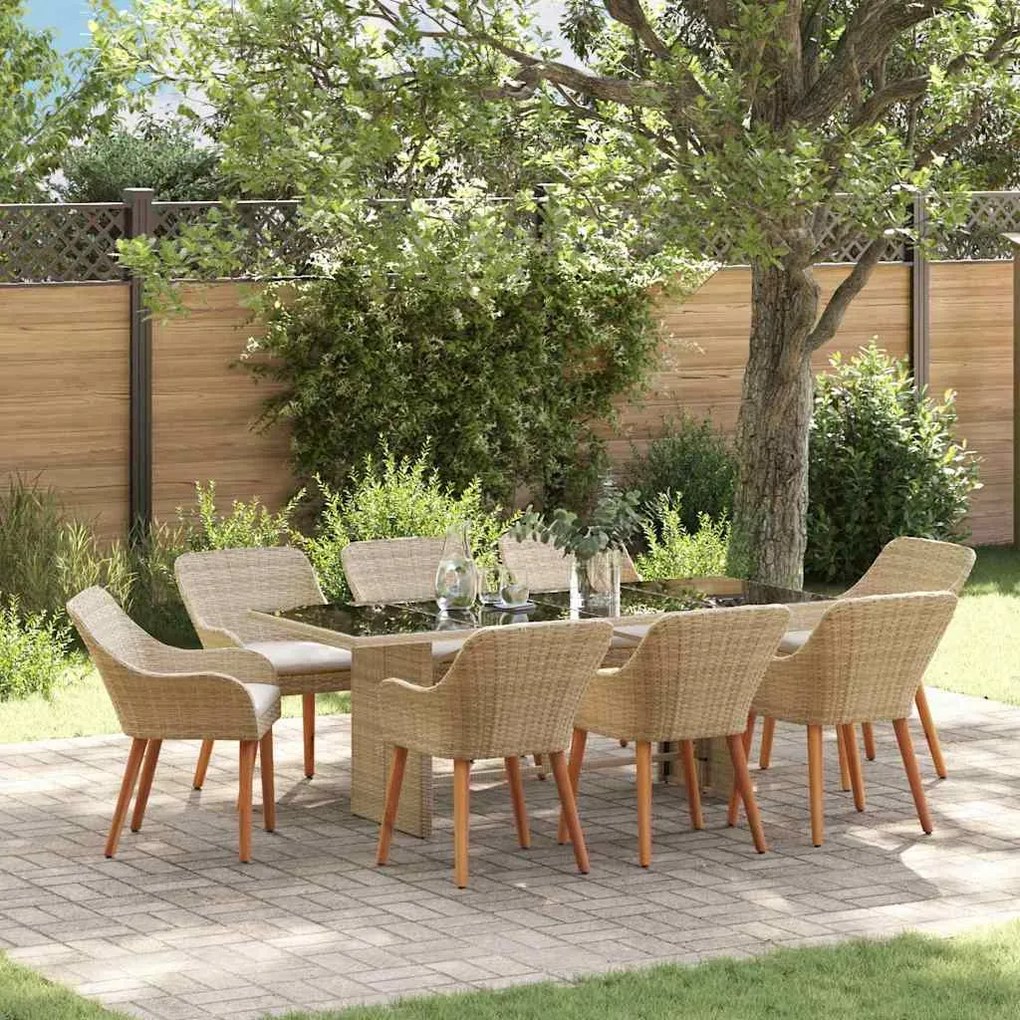 vidaXL Σέτ φαγητού για κήπο με μαξιλάρι 9 pcs Μπεζ συνθετικό ρατάν
