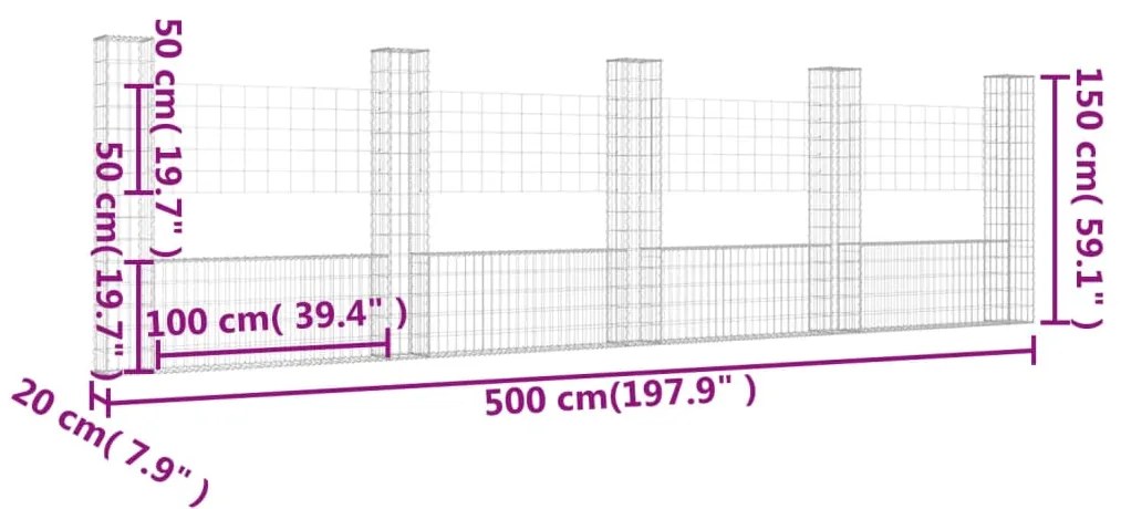 vidaXL Συρματοκιβώτιο σε U Σχήμα με 5 Στύλους 500x20x150 εκ Σιδερένιο