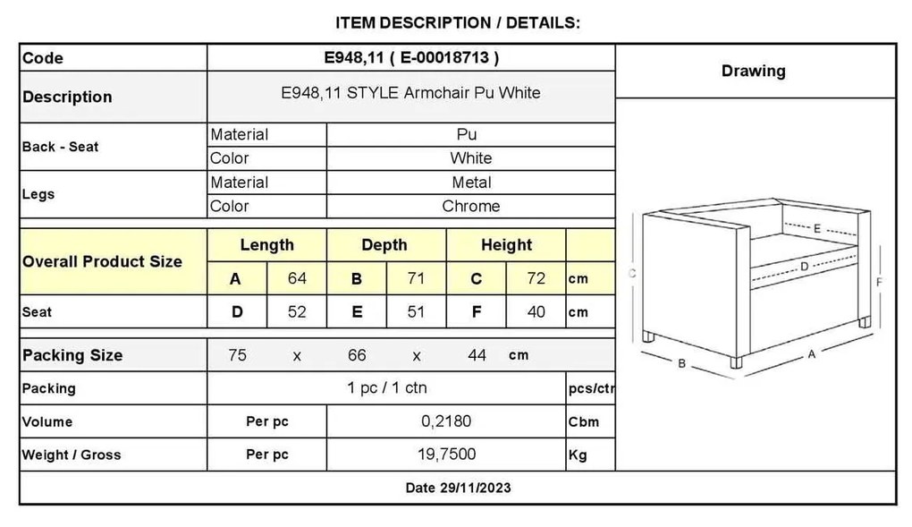 Πολυθρόνα Style  64x71x72  K/D PU Άσπρο