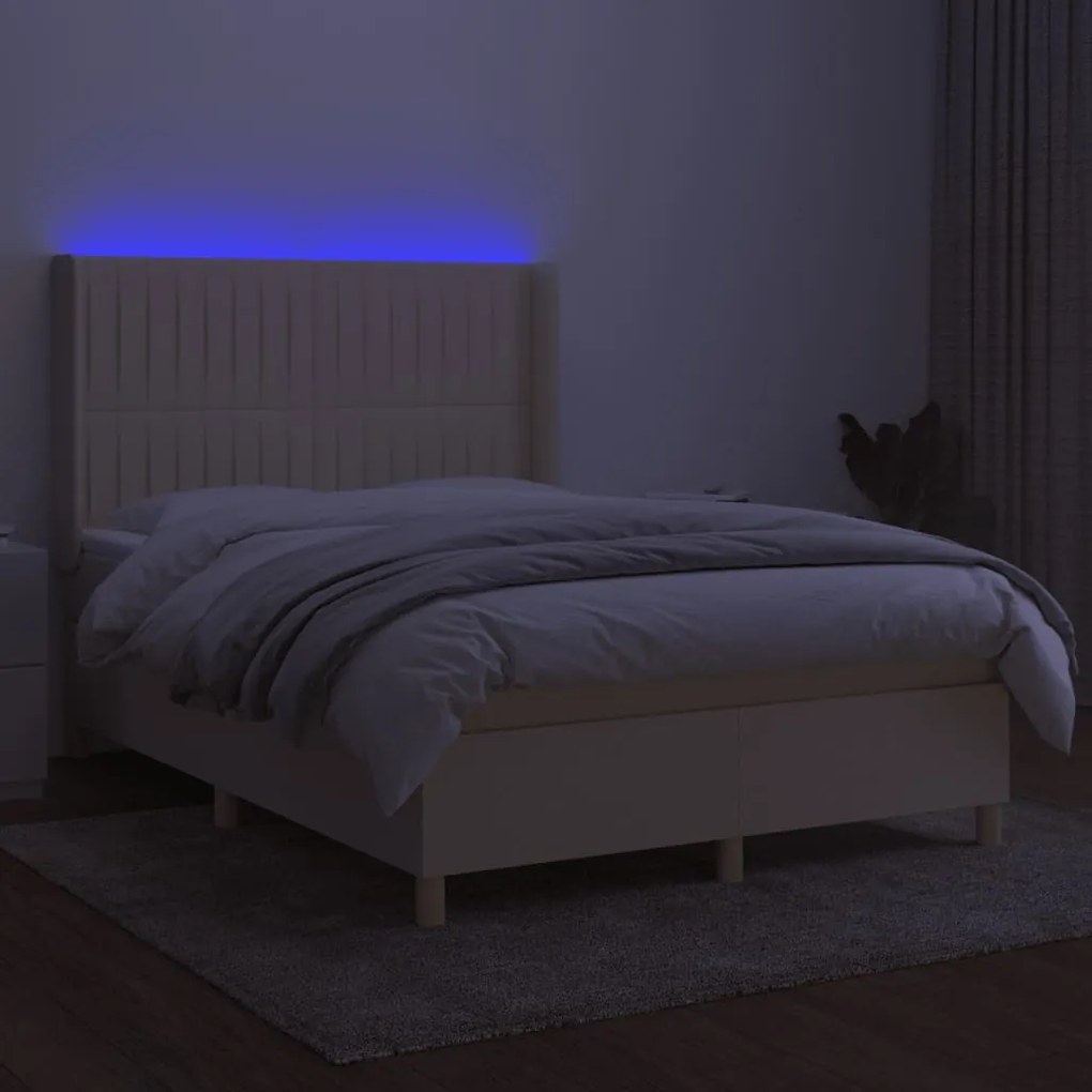 vidaXL Κρεβάτι Boxspring με Στρώμα & LED Κρεμ 140x200 εκ. Υφασμάτινο