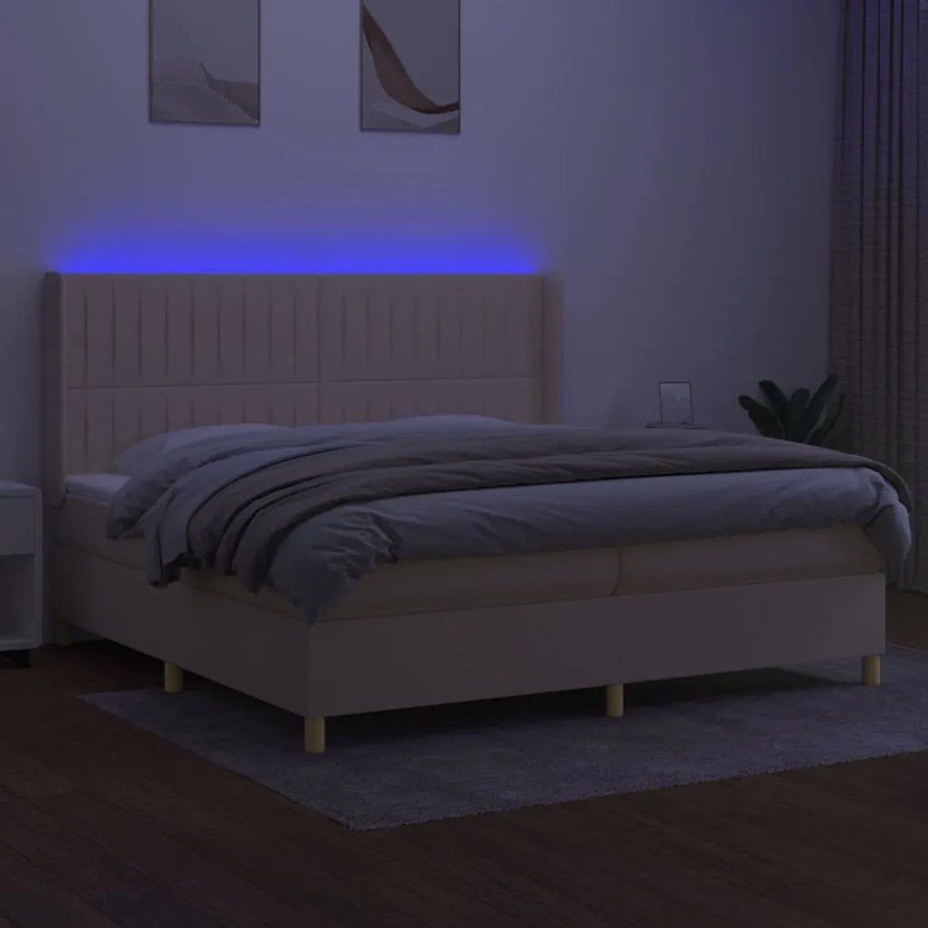 vidaXL Κρεβάτι Boxspring με Στρώμα & LED Κρεμ 200x200 εκ. Υφασμάτινο