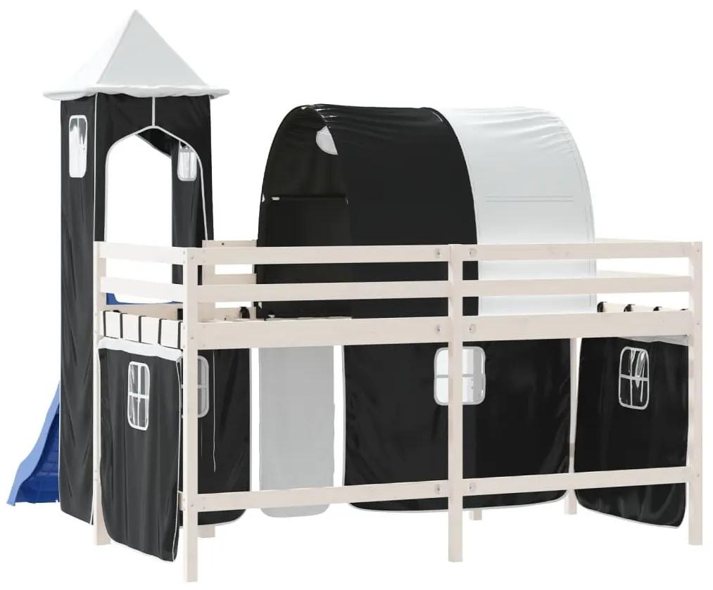Υπερυψωμένο Κρεβάτι με Πύργο Λευκό/Μαύρο 90x190 εκ. Μασίφ Πεύκο - Μαύρο